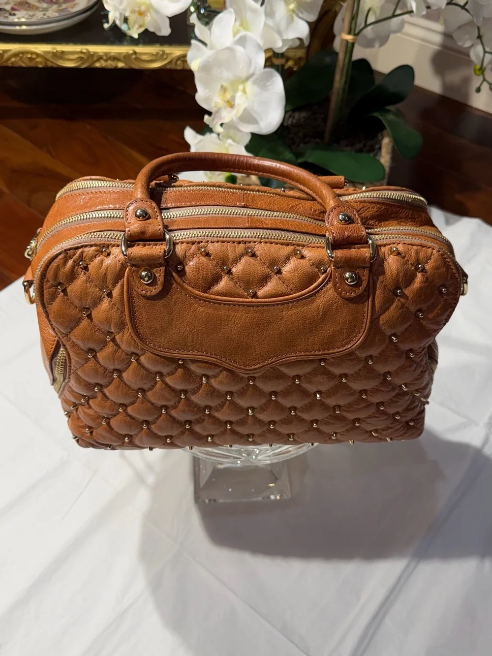 Rebecca Minkoff Quilted Brown Satchel with Studs